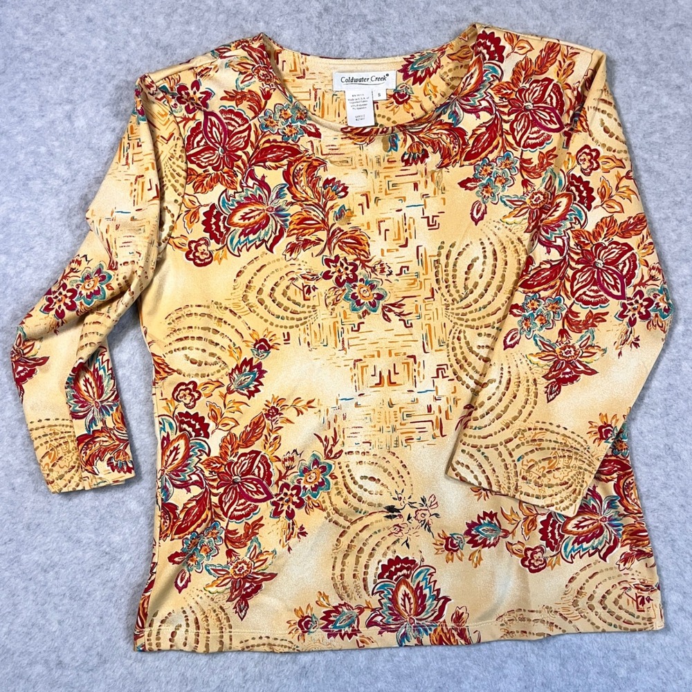 Coldwater Creek Womens Small Floral Paisley 3/4 Sleeve Scoop Neck Top Yellow Red